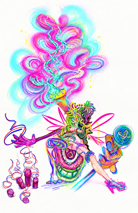 PhiAuteria-Kunstwerk mit bunter geflügelter Fantasiefigur, pink-türkisen Wirbeln und einem Megafon auf weißem Grund.